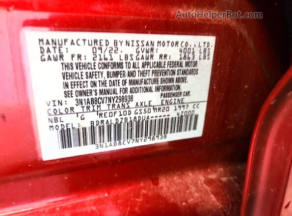 3N1AB8CV7NY298938 2022 NISSAN SENTRA Red VIN კოდის სტიკერის ხედი
