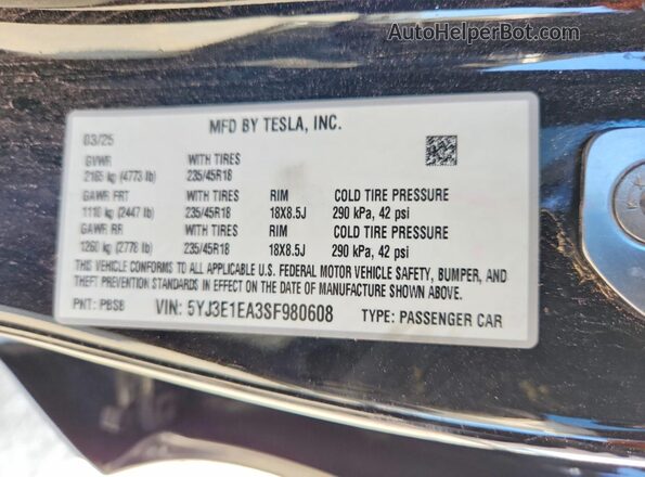 5YJ3E1EA3SF980608 2025 TESLA MODEL Black VIN sticker view