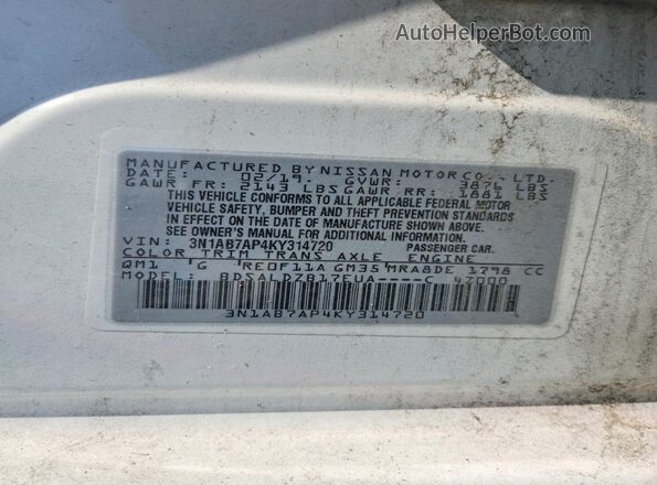 3N1AB7AP4KY314720 2019 NISSAN SENTRA White VIN კოდის სტიკერის ხედი