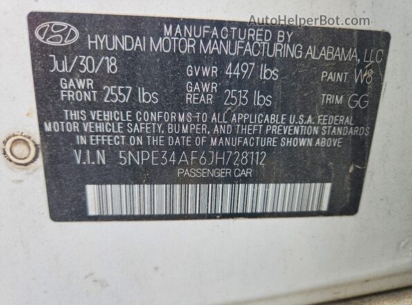 5NPE34AF6JH728112 2018 HYUNDAI SONATA White VIN կոդի պիտակի տեսք