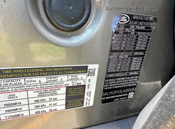 SALYK2FV3LA295050 2020 LAND ROVER RANGE Gray Vista interior trasera