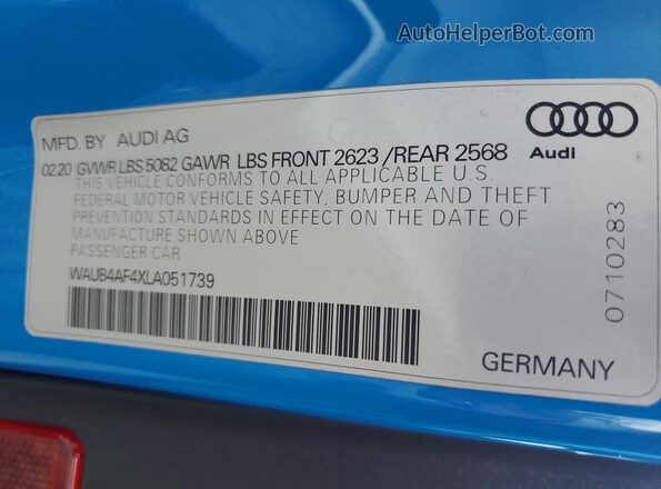 WAUB4AF4XLA051739 2020 AUDI S4 Blue VIN sticker view