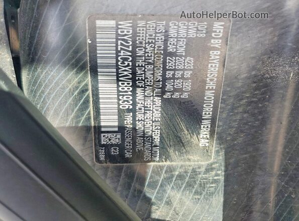 WBY2Z4C5XKVB81936 2019 BMW I8 Серый Вид наклейки с VIN-кодом