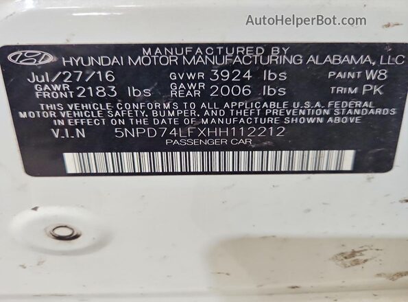 5NPD74LFXHH112212 2017 HYUNDAI ELANTRA White Vista de la etiqueta del VIN
