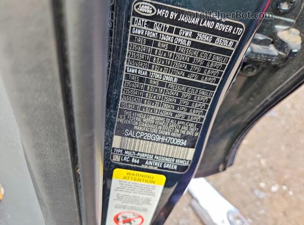 SALCP2BG9HH700894 2017 LAND ROVER DISCOVERY Green Vista de la etiqueta del VIN