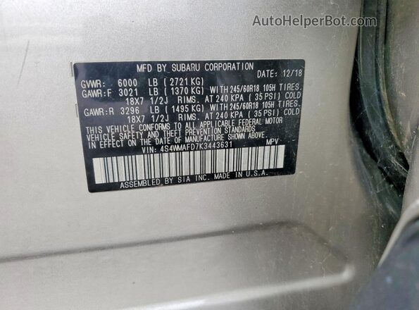 4S4WMAFD7K3443631 2019 SUBARU ASCENT Желто-коричневый Вид наклейки с VIN-кодом