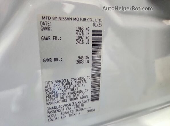 1N4BL4CV9SN359387 2025 NISSAN ALTIMA Gray VIN კოდის სტიკერის ხედი
