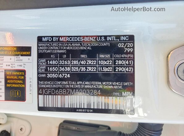 4JGFD6BB7MA203284 2021 MERCEDES-BENZ GLE White VIN კოდის სტიკერის ხედი