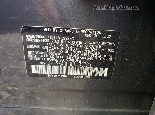 JF2SKADC3LH535733 2020 SUBARU FORESTER Gray Панорамний вид салону 360°
