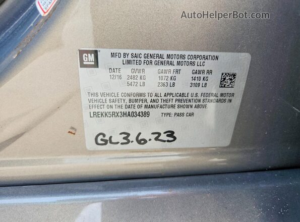 LREKK5RX3HA034389 2017 CADILLAC CT6 Gray VIN sticker view
