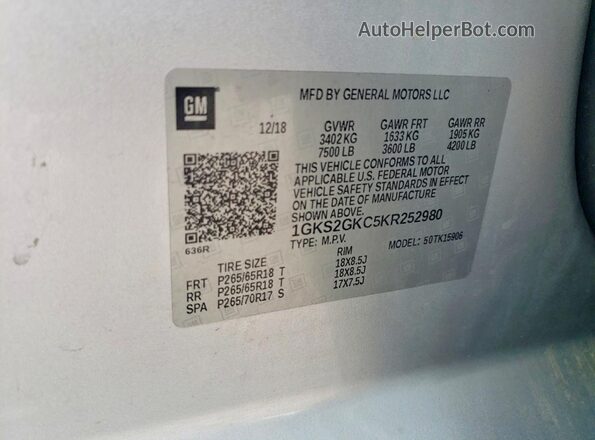 1GKS2GKC5KR252980 2019 GMC YUKON Silver Widok wnętrza 360 stopni