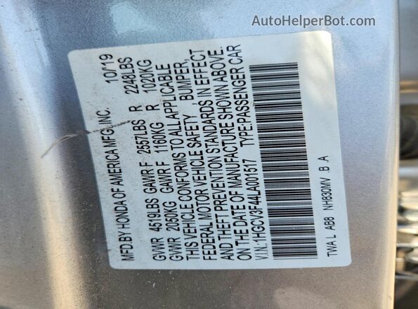 1HGCV3F44LA001517 2020 HONDA ACCORD Silver VIN sticker view