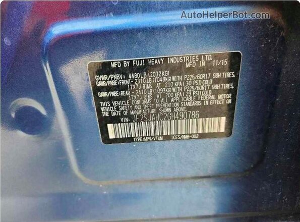 JF2SJAHC2GH490786 2016 SUBARU FORESTER Blue Widok wnętrza z tyłu