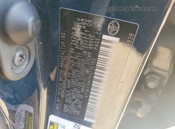 4T1B11HK7KU756160 2019 TOYOTA CAMRY Blue Вид наклейки з VIN-кодом