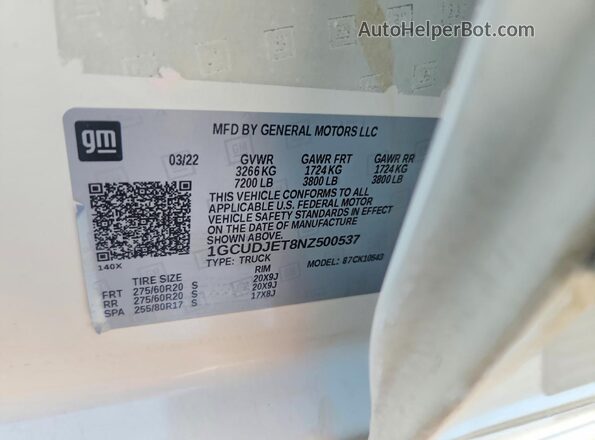 1GCUDJET8NZ500537 2022 CHEVROLET SILVERADO White VIN կոդի պիտակի տեսք