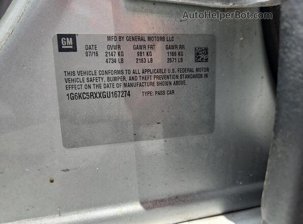 1G6KC5RXXGU167274 2016 CADILLAC CT6 Silver VIN sticker view
