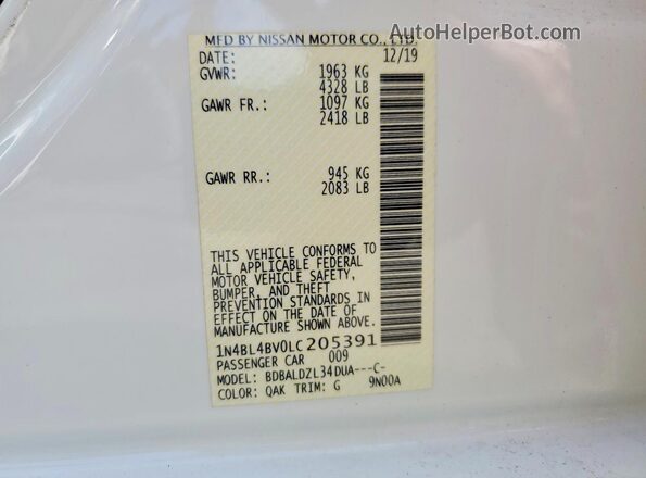 1N4BL4BV0LC205391 2020 NISSAN ALTIMA White VIN sticker view