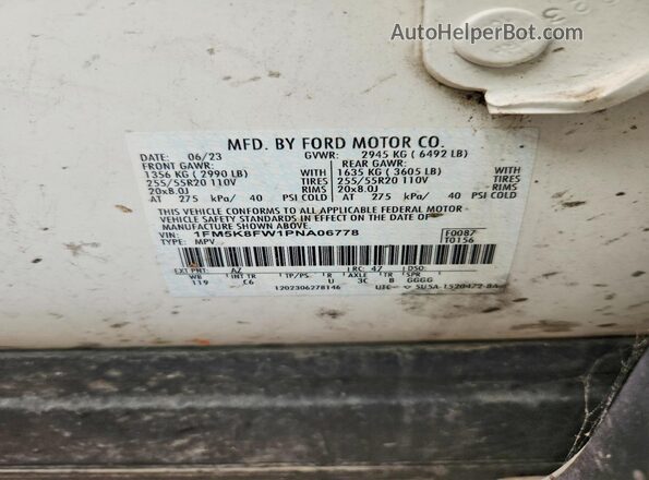 1FM5K8FW1PNA06778 2023 FORD EXPLORER White Панорамний вид салону 360°