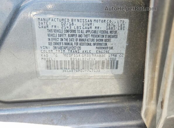 3N1AB7AP0JY267135 2018 NISSAN SENTRA Gray Vista de la etiqueta del VIN