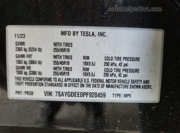 7SAYGDEE0PF920459 2023 TESLA MODEL Black Vista de la etiqueta del VIN