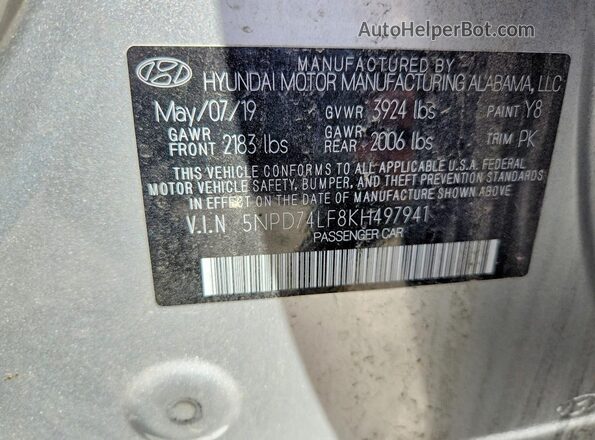 5NPD74LF8KH497941 2019 HYUNDAI ELANTRA Silver VIN sticker view