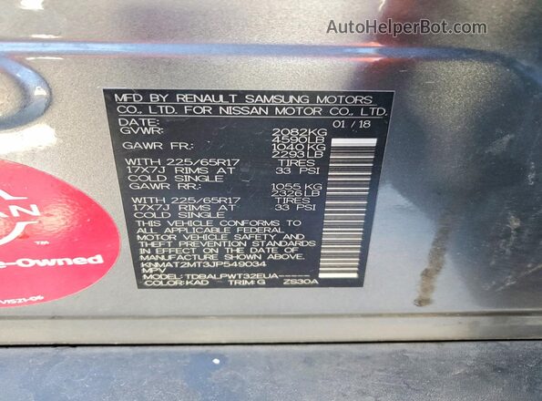 KNMAT2MT3JP549034 2018 NISSAN ROGUE Gray Widok naklejki z numerem VIN