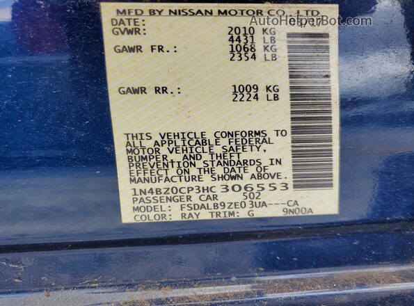 1N4BZ0CP3HC306553 2017 NISSAN LEAF Blue VIN կոդի պիտակի տեսք