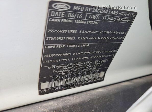 SALWG2PF5GA592729 2016 LAND ROVER RANGE Белый Панорамный вид салона 360°