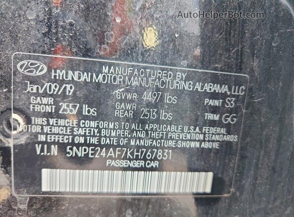 5NPE24AF7KH767831 2019 HYUNDAI SONATA Black Панорамний вид салону 360°