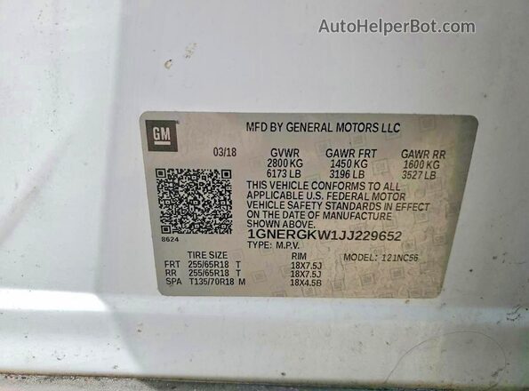 1GNERGKW1JJ229652 2018 CHEVROLET TRAVERSE White 