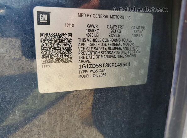 1G1ZD5ST3KF149544 2019 CHEVROLET MALIBU Синий Вид наклейки с VIN-кодом