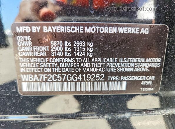 WBA7F2C57GG419252 2016 BMW 7 SERIES Black VIN կոդի պիտակի տեսք