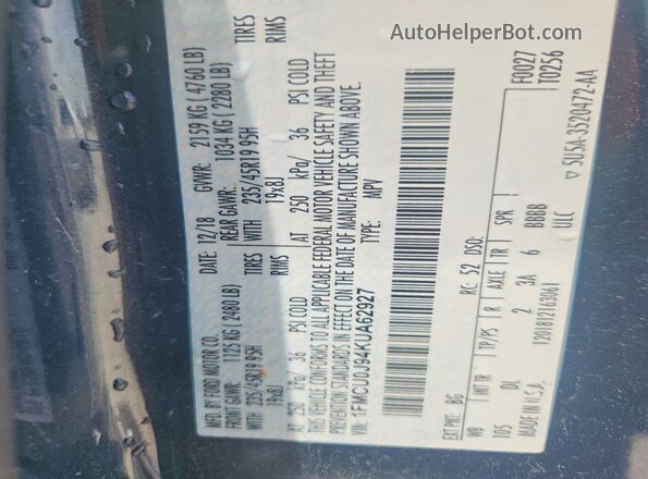 1FMCU0J94KUA62927 2019 FORD ESCAPE Black Панорамний вид салону 360°