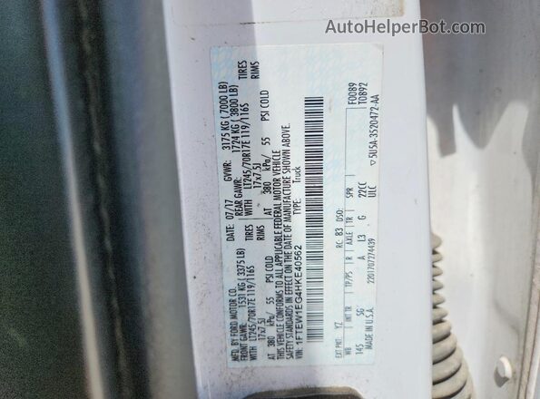 1FTEW1EG4HKE40562 2017 FORD F150 White VIN კოდის სტიკერის ხედი