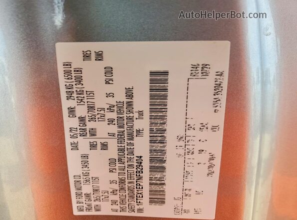 1FTEX1EP7NFB29404 2022 FORD F150 Серебряный Вид наклейки с VIN-кодом