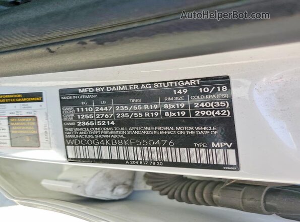 WDC0G4KB8KF550476 2019 MERCEDES-BENZ GLC-CLASS White Սալոնի 360 աստիճան տեսք