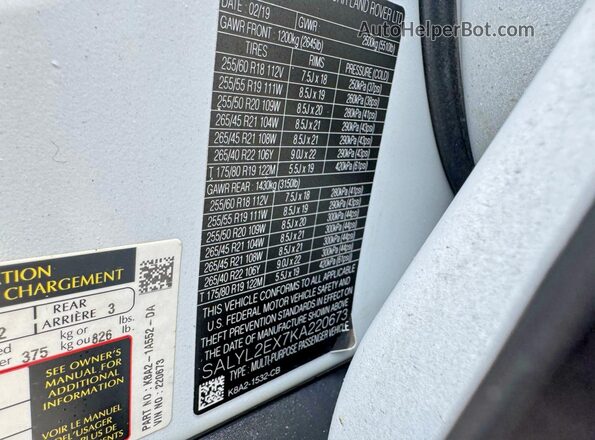 SALYL2EX7KA220673 2019 LAND ROVER RANGE Белый Вид наклейки с VIN-кодом