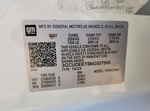 3GCUDEET6NG537500 2022 CHEVROLET SILVERADO White VIN კოდის სტიკერის ხედი