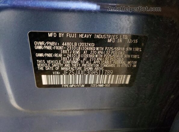 JF2SJAXC3GH511789 2016 SUBARU FORESTER Blue 360 interior view