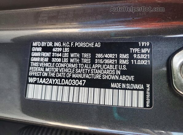 WP1AA2AYXLDA03047 2020 PORSCHE CAYENNE Gray Панорамний вид салону 360°