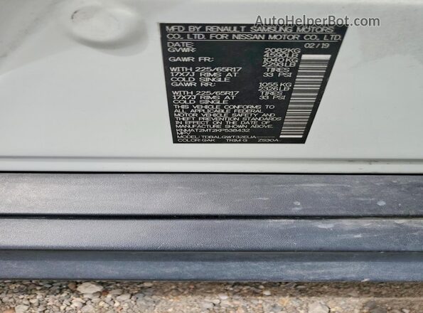 KNMAT2MT2KP538432 2019 NISSAN ROGUE Белый Вид наклейки с VIN-кодом