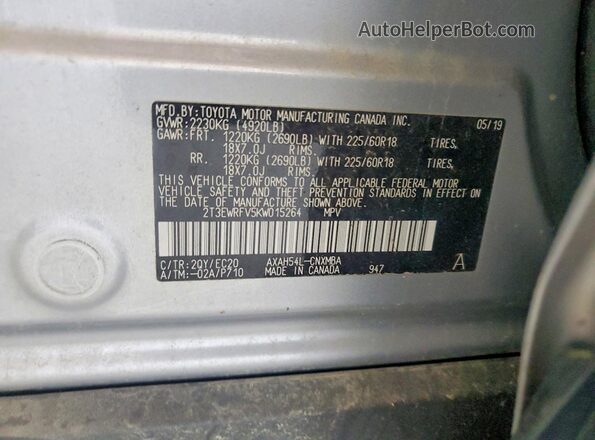 2T3EWRFV5KW015264 2019 TOYOTA RAV4 Silver სალონის 360-გრადუსიანი ხედი