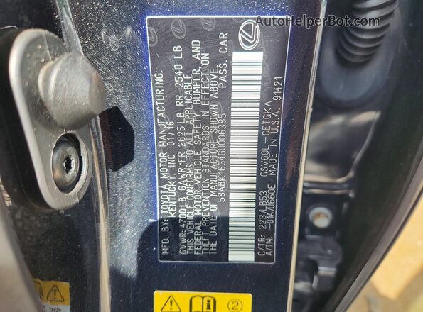 58ABK1GG4GU006385 2016 LEXUS ES350 Black Widok naklejki z numerem VIN