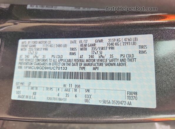 1FMCU9GD9HUC70133 2017 FORD ESCAPE Gray სალონის 360-გრადუსიანი ხედი