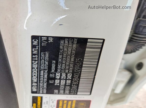 55SWF8DB4KU299675 2019 MERCEDES-BENZ C White VIN կոդի պիտակի տեսք