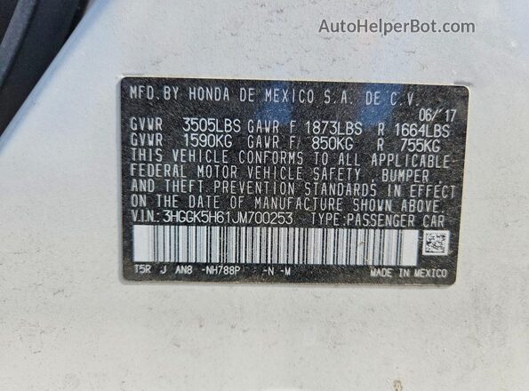 3HGGK5H61JM700253 2018 HONDA FIT White Вид наклейки з VIN-кодом