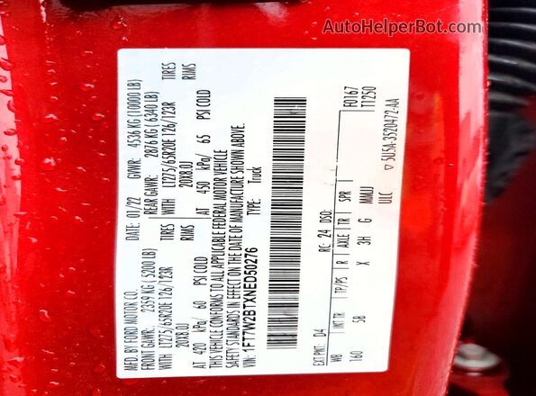 1FT7W2BTXNED50276 2022 FORD F250 Burgundy VIN կոդի պիտակի տեսք