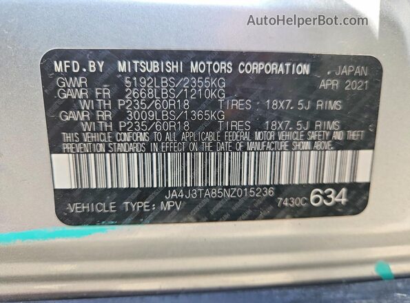 JA4J3TA85NZ015236 2022 MITSUBISHI OUTLANDER Silver Սալոնի 360 աստիճան տեսք