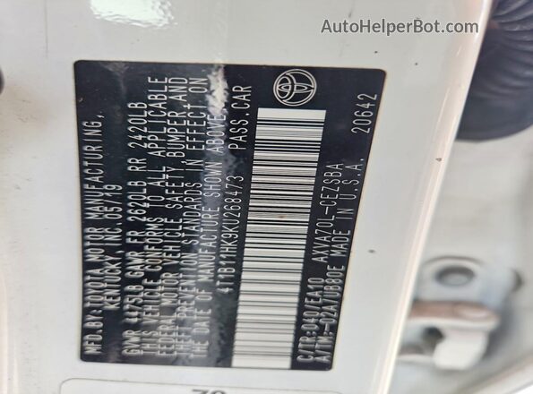 4T1B11HK9KU268473 2019 TOYOTA CAMRY White VIN კოდის სტიკერის ხედი