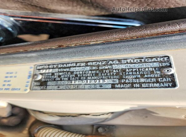 10806712012913 1972 MERCEDES-BENZ 280 Tan Вид наклейки з VIN-кодом